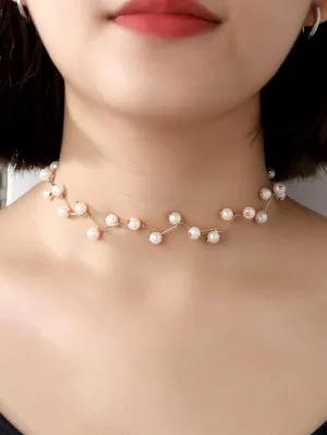 White Pearl Zigzag Choker Necklace, Gold or Silver Minimalist White Pearl Necklace, Bridal Pearl Fashion Necklace