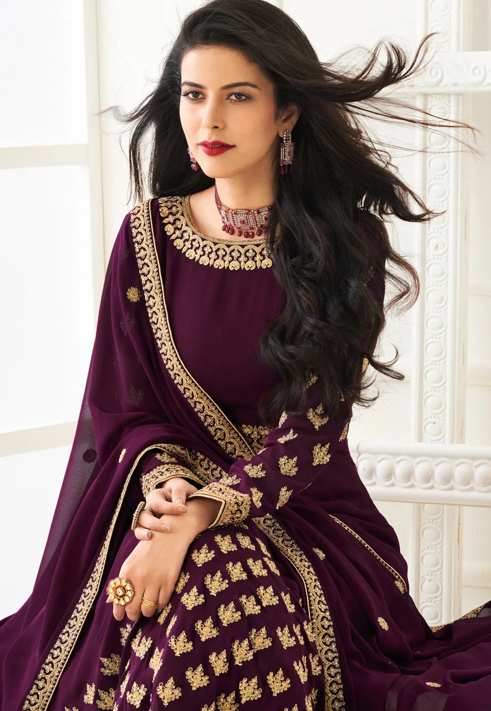 Wine Embroidered Anarkali Suit