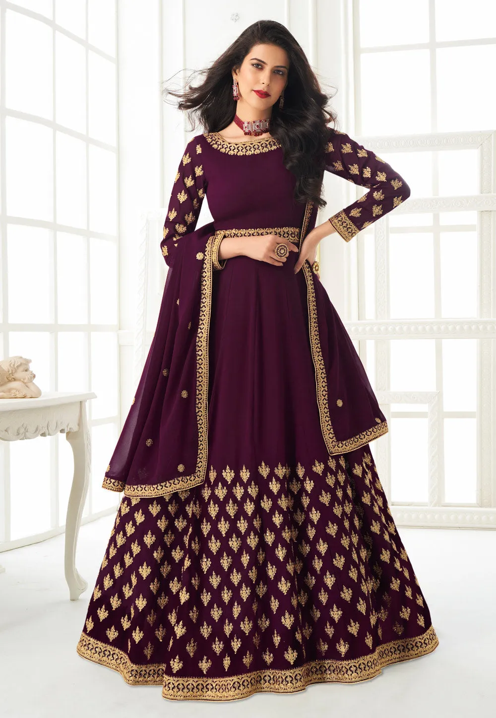 Wine Embroidered Anarkali Suit