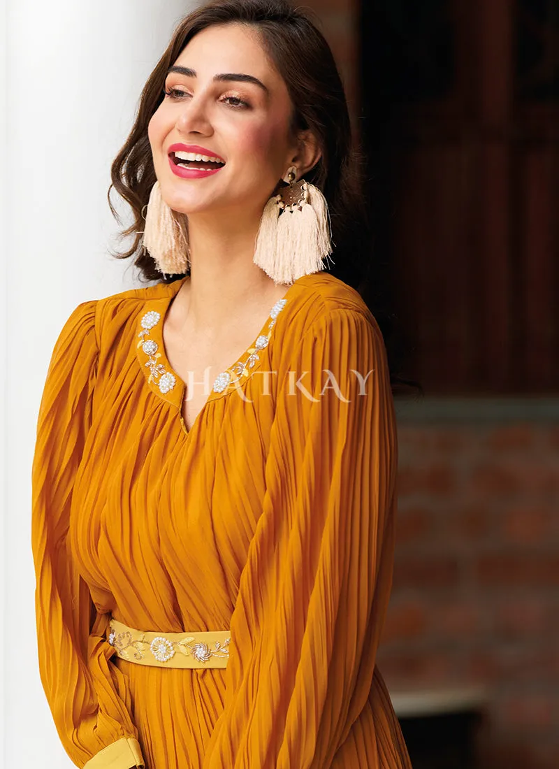 Yellow Ombré Minimalist Embroidered Crushed Gown