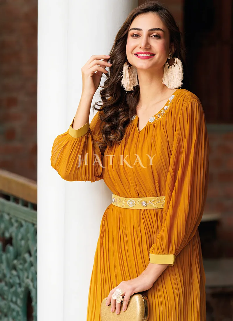 Yellow Ombré Minimalist Embroidered Crushed Gown
